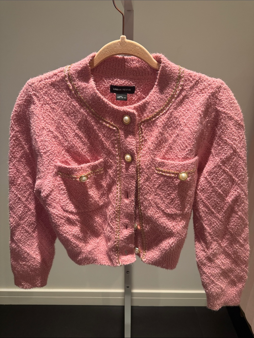 Urban Revivo Pink Bouclé like Pearl-Button Cardigan